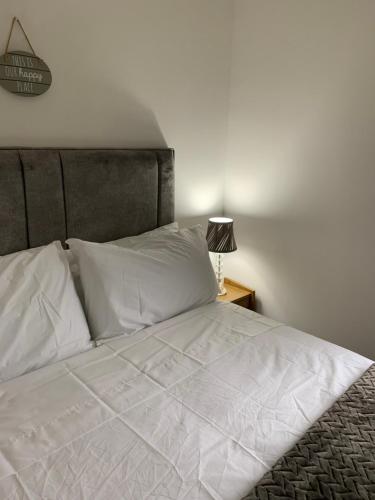 a large white bed with white pillows and a lamp at Aaron's Bothy in Portree