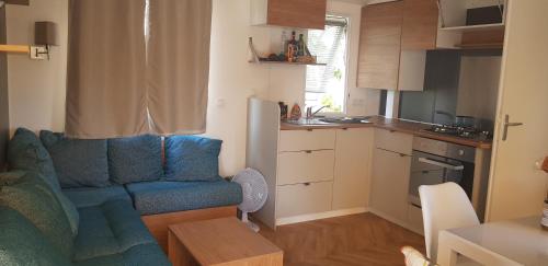 uma sala de estar com um sofá azul e uma cozinha em Les rives de Condrieu em Condrieu