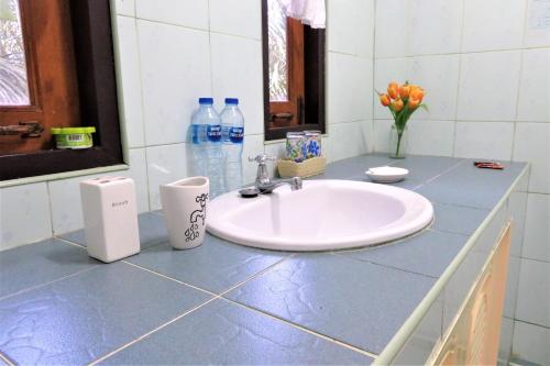 um balcão de casa de banho com um lavatório e um espelho em Manora Garden em Phangnga