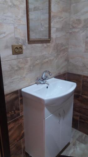 a bathroom with a white sink and a mirror at Будинок для гостей по вул. Шевченка in Berehove