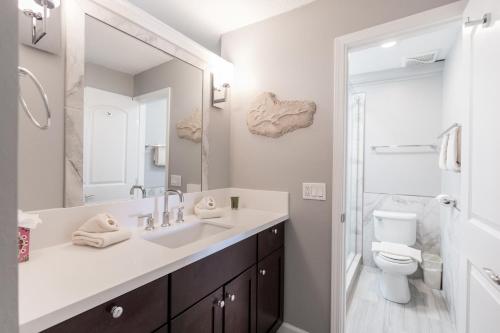 a bathroom with a sink and a toilet and a mirror at Kahana Sunset #B7 Home in Kahana