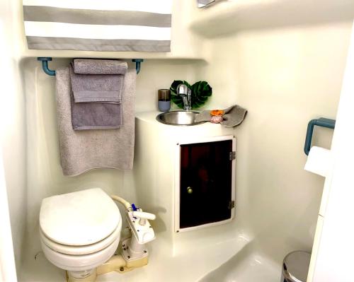 a small bathroom with a toilet and a sink at Barco Pita - Amarilla Marina in San Miguel de Abona