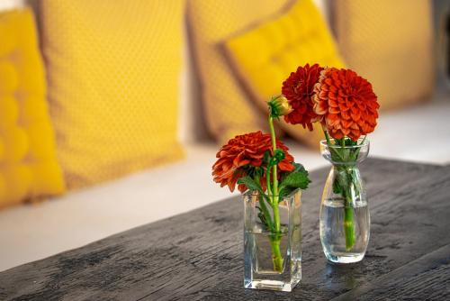 two vases with orange flowers in them on a table at El Molino Estepona in Estepona