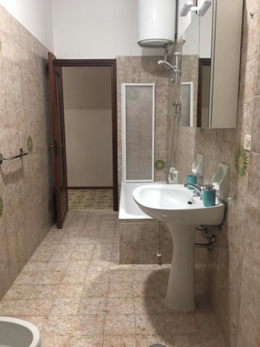 een badkamer met een witte wastafel en een douche bij casa alla madonna di Refrancore-Asti in Refrancore
