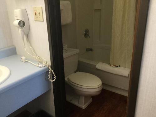 a bathroom with a toilet and a bath tub at Super 8 by Wyndham Petoskey in Petoskey