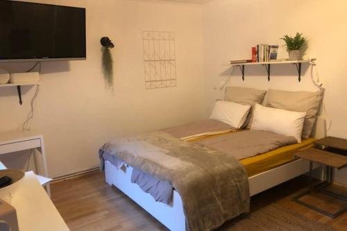 Zimmer mit einem Bett und einem Flachbild-TV in der Unterkunft Gemütliche sanierte 1 Zimmer Wohnung mit privatem Parkplatz im Zentrum in Kiel