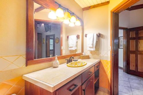 a bathroom with a sink and a large mirror at Casa Del Sol Villa in Placencia Village
