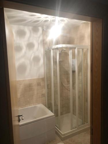 a bathroom with a shower and a white tub at Parkwood House in Dungannon