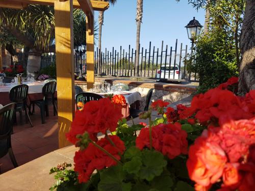 a table with red flowers on a patio at Villa Antonino in Giardini Naxos