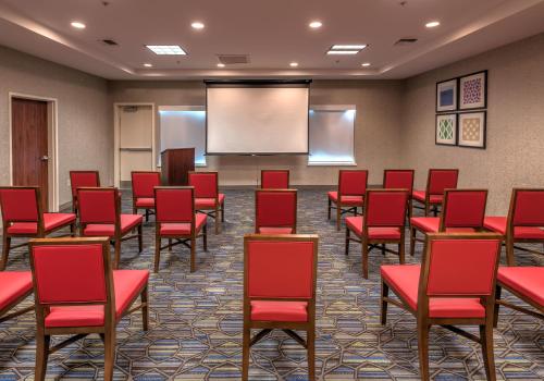 a conference room with red chairs and a screen at Holiday Inn Express Hotel & Suites Minden by IHG in Minden