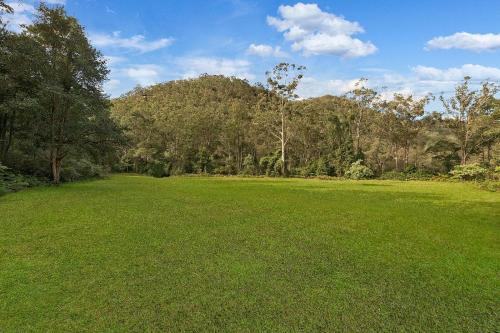 a large green field with trees in the background at Pure Valley Estate in Lower Mangrove