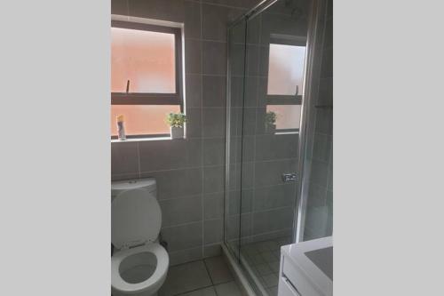 a bathroom with a toilet and a glass shower at The Blyde, Crystal Lagoon One Bed Apartment. in Pretoria