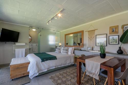 a bedroom with a bed and a desk and a television at Wildlife Retreat on a Wine-Farm in Stellenbosch