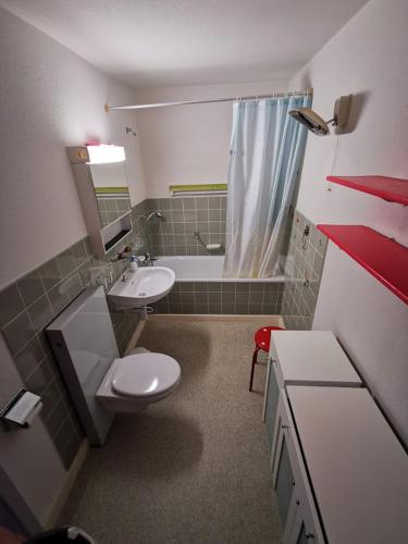 a bathroom with a toilet and a sink and a tub at Apartments Haus Quelle in Leukerbad