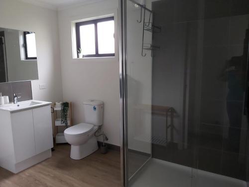 a bathroom with a toilet and a glass shower at Sunset View Villa in Apollo Bay