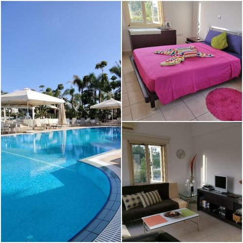 a hotel room with a large swimming pool and a bedroom at Garden Luxury Apartment Ayia Napa in Ayia Napa