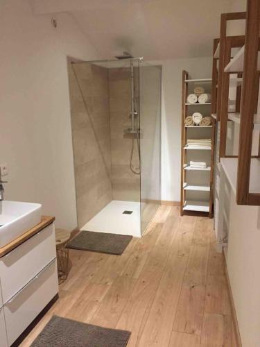 La salle de bains est pourvue d'une douche et de parquet. dans l'établissement Maison accueillante, à Gondrecourt-le-Château