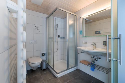 a bathroom with a shower and a toilet and a sink at Ferien- und Familienhotel Alpina Adelboden in Adelboden