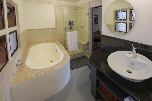 a bathroom with a tub and a sink and a mirror at 250onIndus in Pretoria