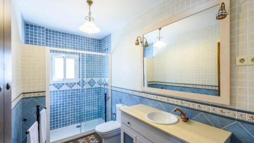 Ríogordo的住宿－Casa La Molina Riogordo by Ruralidays，蓝色的浴室设有水槽和镜子