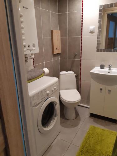 a bathroom with a washing machine and a toilet at City Studio in Częstochowa