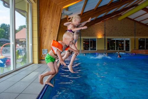 twee jonge kinderen die in een zwembad springen bij Camping de Vogel in Hengstdijk