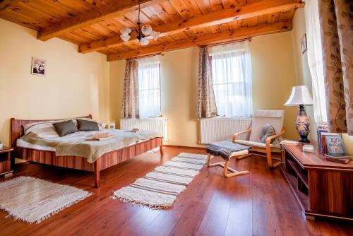 1 dormitorio con 1 cama y 1 silla en una habitación en Edelin Country House, en Becskeháza