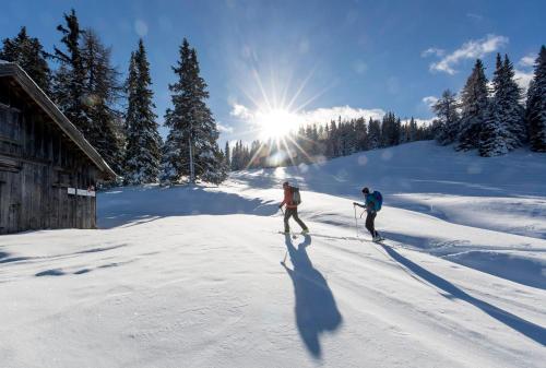 two people are skiing down a snow covered slope at Alpengasthof Krische in Murau