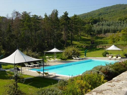 a large swimming pool with umbrellas and chairs at Tenuta Lupinari in Bucine