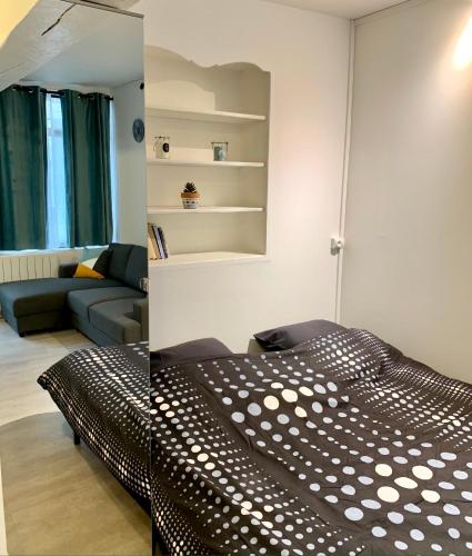 a bedroom with a bed and a living room at Studio centre ville -001 in Rouen