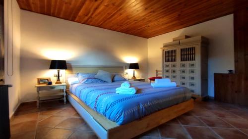 a bedroom with a bed with blue sheets and a wooden ceiling at Can Castell de Rocabruna in Camprodon