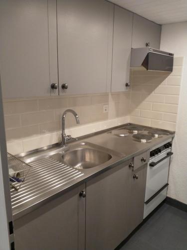 a kitchen with a stainless steel sink and white cabinets at Haus Opal Wohnung Nr. 31 in Grächen