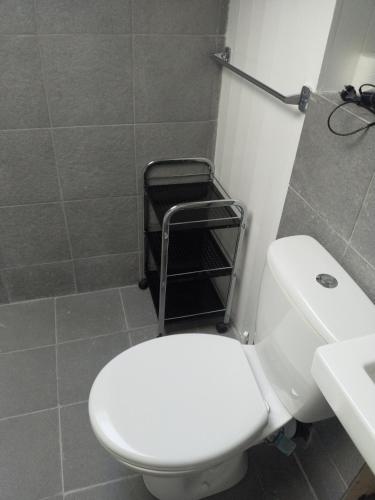 a bathroom with a white toilet and a sink at Haus Opal Wohnung Nr. 31 in Grächen