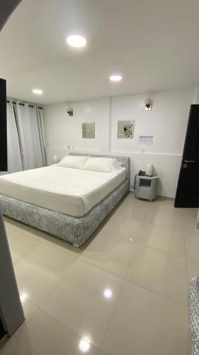 a bedroom with a large bed in a white room at Le Castel Blanc Hotel Boutique in San Andrés