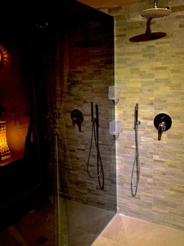 a shower in a bathroom with a glass door at Hotel Motel Residence S in Front