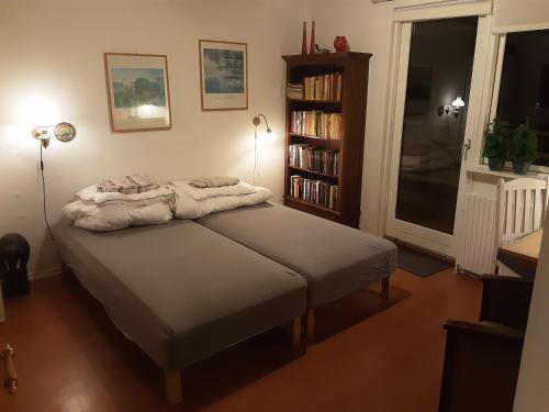 a bedroom with a bed with two pillows on it at Tjørnely in Østervrå