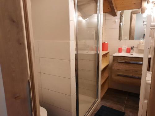 a bathroom with a shower with a toilet and a sink at Chalet la sapiniere in La Chapelle-dʼAbondance