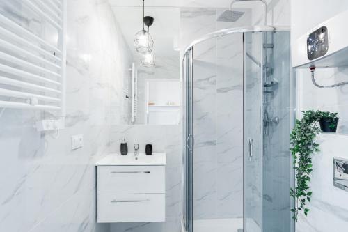 ein weißes Bad mit einer Dusche und einem Waschbecken in der Unterkunft Crystal Apartment Katowice IV in Kattowitz