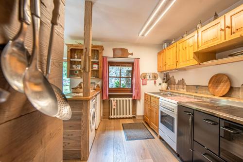 a kitchen with wooden cabinets and stainless steel appliances at Baita Mas Sora Sass in Rabbi