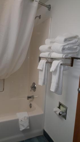 a bathroom with a sink and a shower with towels at Quality Inn in Mount Pleasant