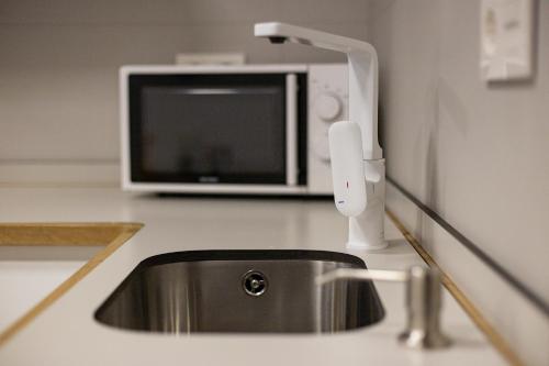 a kitchen counter with a sink and a microwave at Txoko in Pamplona