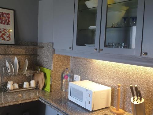 a kitchen counter with a microwave on a counter top at Alexander The Great Hotel in Alexandria