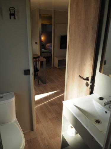 La salle de bains est pourvue de toilettes blanches et d'un lavabo. dans l'établissement Bungalows Pirineus, à Puigcerdà