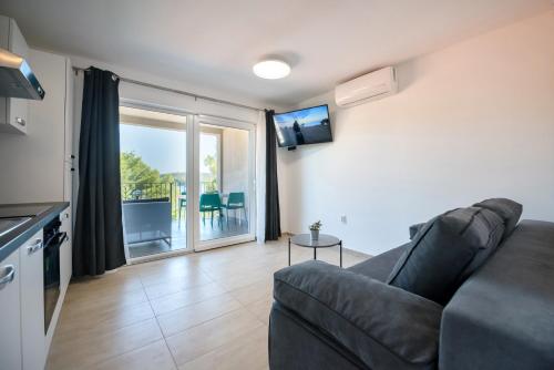 ein Wohnzimmer mit einem Sofa und einem TV in der Unterkunft Feel Dugi otok apartments in Luka