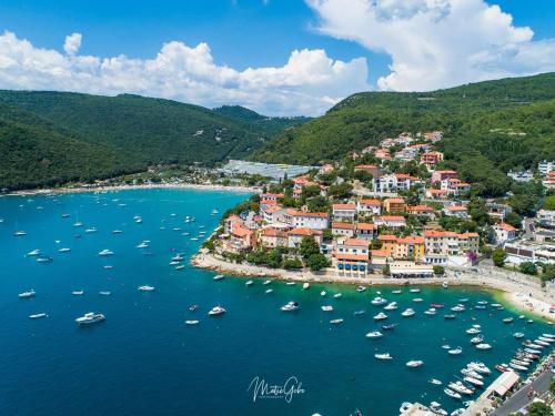 an aerial view of a town with boats in the water at Apartment More 13 in Rabac