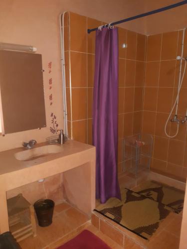 a bathroom with a sink and a shower with a purple shower curtain at Riad Dar Tazoulte in Agdz