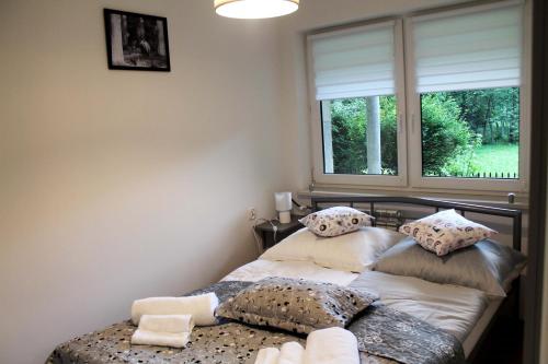 - une chambre avec un lit avec deux oreillers et une fenêtre dans l'établissement Apartament Perełka Przy Krupówkach, à Zakopane