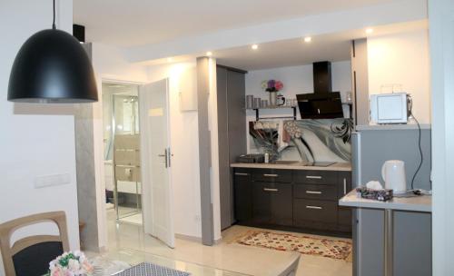 a kitchen with a counter and a refrigerator in it at Apartament Perełka Przy Krupówkach in Zakopane