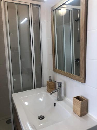 La salle de bains est pourvue d'un lavabo, d'un miroir et d'une douche. dans l'établissement Duplex centre ville 200m de la plage, à Dinard