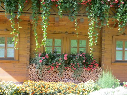 a flower box on the side of a building with flowers at Appartement Hartl in Filzmoos